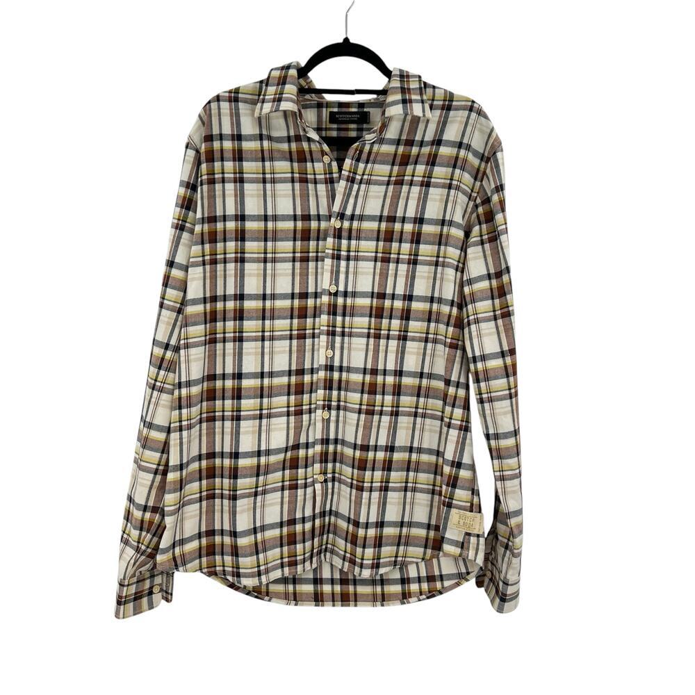 Scotch & Soda Regular Fit Worker Shirt Cream Brown‎ Yellow Plaid Size XL